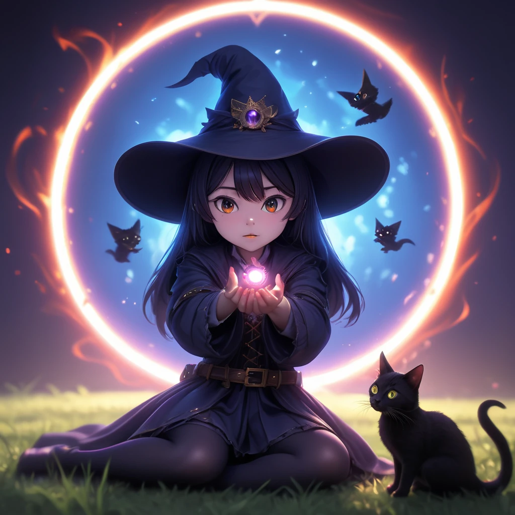 Cinematic shot of a cute little witch, wearing magical hat, sitting on her knees casting a portal spell with her hand, a little black cat i summoned from the portal, summoning portal, forest in background, masterpiece, best quality, highly detailed, sharp focus, dynamic lighting