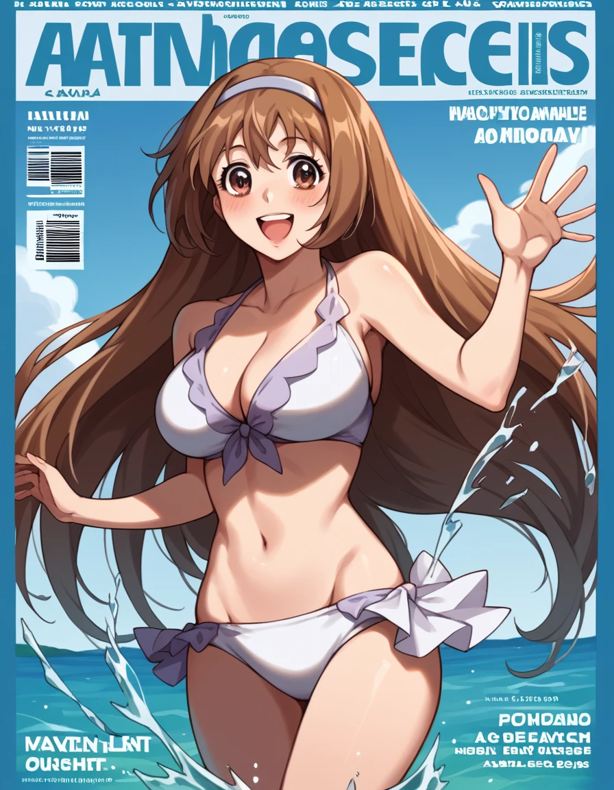 light brown hair, ahoge, braided bangs, single braid, long hair, brown eyes .(nude, naked, 1girl, solo, ,large breasts , solo) ,,, nipple ,, (wearing nothing:1.5), empty eyes , ,, ,　, hospital, ,blue sky, cooking, sea　space