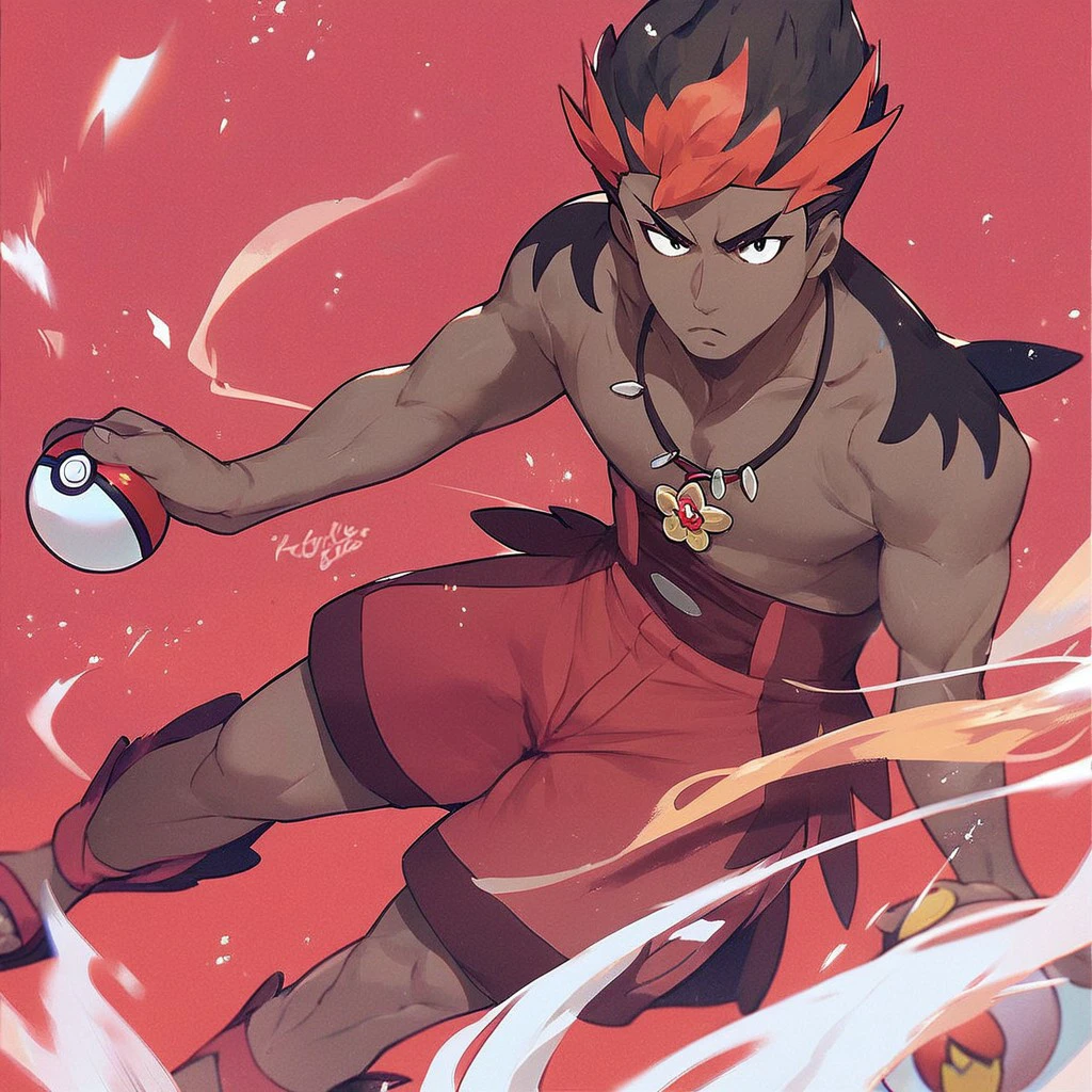 (masterpiece), score_9, score_8_up, score_7_up, score_6_up, score_5_up, score_4_up, 1boy, solo, Kiawe, multicolored hair, black eyes, dark skin, necklace, shoulder tattoos, red shorts, sandals, holding pokeball, serious expression, red background