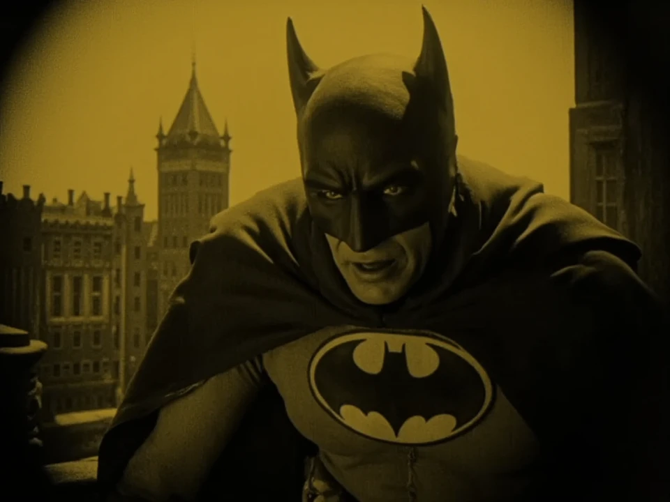 An amber tint photo of Batman with buildings in the background