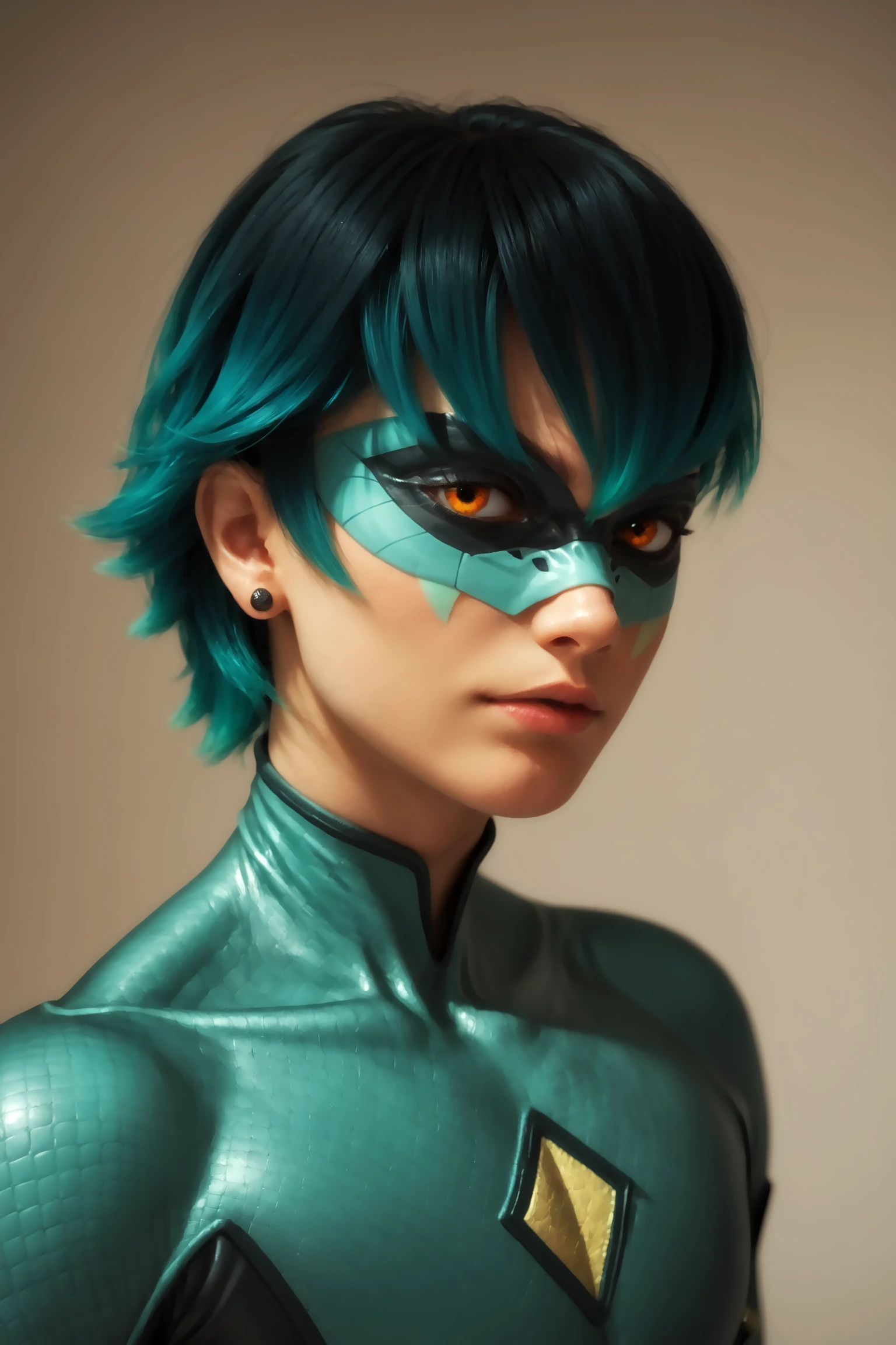 score_9, score_8_up, score_7_up, score_6_up,score_5_up,score_4_up, imtdviperion, solo, 1boy, mask, bodysuit, domino mask, blue hair, green hair, short hair, superhero, yellow eyes, black hair, facepaint, stud earrings, skin tight, agua hair, multicolored hair, rating_questionable
