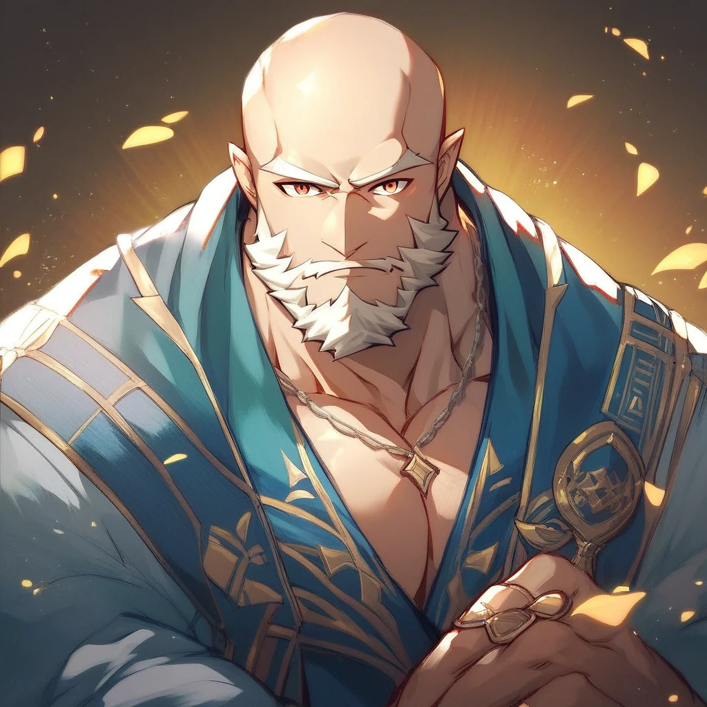 Anime old king, um rei poderoso, alpha male, bodybuilder, very muscular, 60 years old, lorde imponente, wearing a open black royal robe, open robe, very large pectorals, muscular chest, olhando para o espectador, pose sexy, facial expression of attraction, olhos de cor azuis, grey short hair, sexy grey beard, Obra-prima maravilhosa altamente detalhada, beautiful cinematic light deep focus, elegante, pintura digital, liso, sharp focus, golden ratio, dramatic lighting, 8k, pixiv, bara