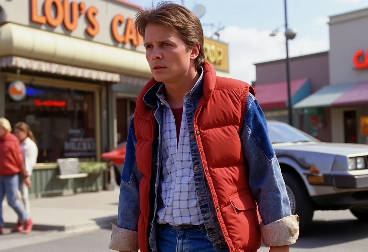 MRTY, Portrait of Marty McFly in 1955 Hill Valley from Back to the Future. Cinematic digital art style. Marty wears his '80s outfit: red vest, denim jacket, and jeans, standing out in the '50s setting. Close-up framing from waist up. Background: Lou's Cafe facade, vintage cars, and people in '50s fashion. Lighting: Warm afternoon sunlight with soft shadows. Marty's expression: Mix of curiosity and slight discomfort, wide-eyed taking in his surroundings. Sharp focus on Marty and immediate surroundings, subtle blur on background elements. Color palette: Vibrant '50s pastels contrasting with Marty's bold '80s colors. Atmosphere: Sense of being out of place yet fascinated. Exclude: DeLorean, other main characters, and any futuristic elements. Emphasize the visual clash between Marty's modern appearance and the 1950s environment.