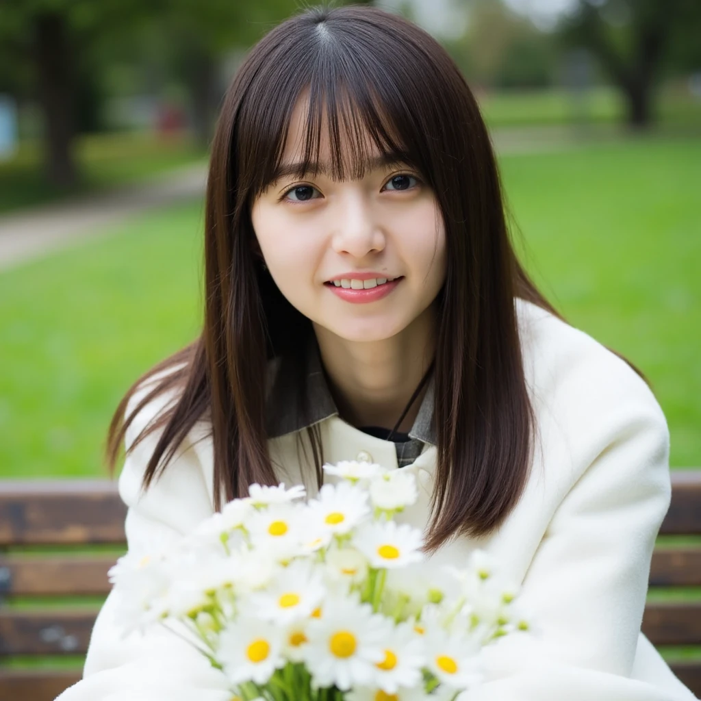 The image is a close-up portrait of a young woman, pale skin. Her hair is styled in a straight hair, half-down with bangs. She was wearing a white coat. The woman looking directly at the camera, Sitting on a bench in the park. In front of her, there is a bunch of white daisies. The background is blurred, but it appears to be a garden or park with greenery. The overall mood of the image is cheerful and relaxed.
photography works, Soft lighting. 

﻿