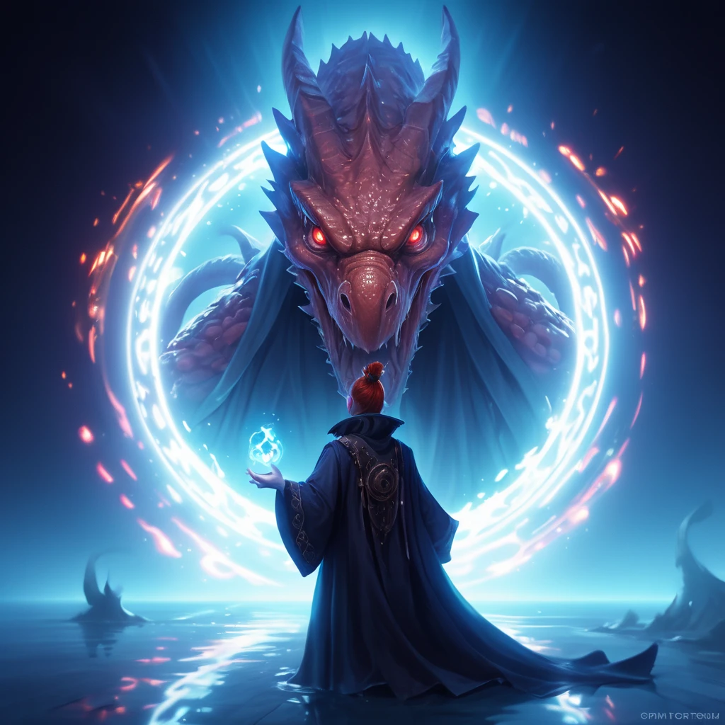 Cinematic shot of a witch with red hair and wearing red magical robe and hat, summoning a giant Octopus with tentacles arms from a big blue glowing portal, the giant ocotpus is slowly appearing from the portal and enering our world, summoning portal, beach in background, masterpiece, best quality, highly detailed, sharp focus, dynamic lighting