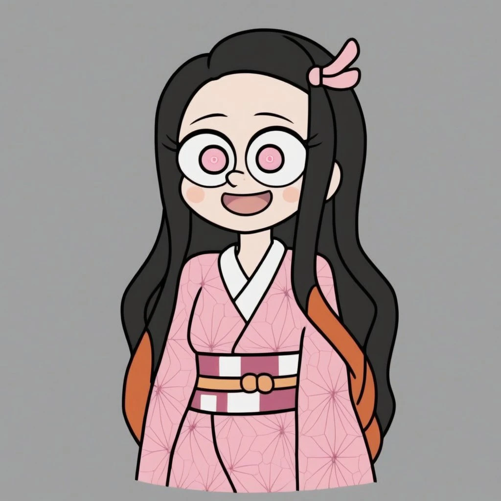 , aid291, Expressiveh, ng_deepnegative_v1_75t,gravity_falls, kamado nezuko,1girl, black hair, pink eyes, magenta pupils, pink hair ribbon, two-tone hair, pink kimono, dot pupils, smile, solo