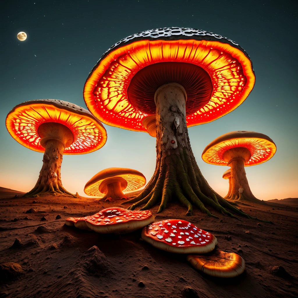 masterpiece, intricate photo, giant mushrooms on the moon, photo realistic, hyper realistic, highly detailed, sharp focus, high resolution, best quality, colorful, friendly colors, cozy outdoor lighting, 8K