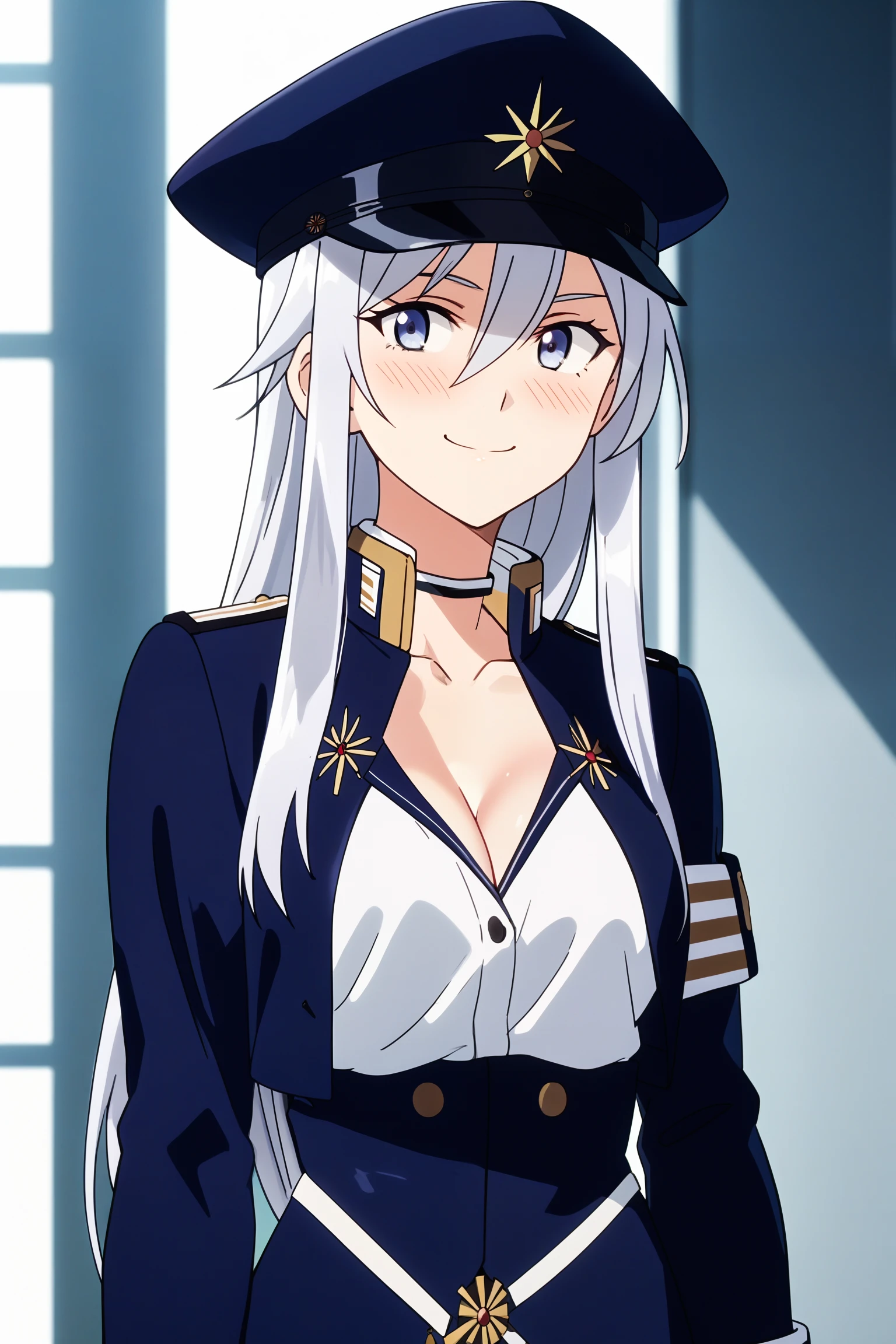 score_9, score_8_up, score_7_up, anime screencap, lena86, upper body, silver hair, long hair, military cap, blush, cleavage, smile, raichiyo33,   <lora:add-detail-xl:0.3>  <lora:raichiyo33XLP:1> <lora:lena:0.9> 