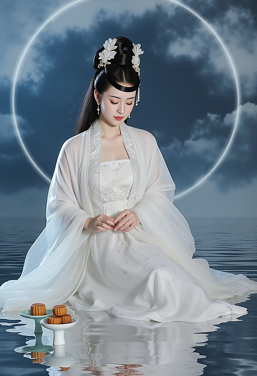 changexianzi,"upper body,"upper body, This is a high-resolution, digital photograph featuring a young Asian woman with a fair complexion and delicate features, dressed in traditional Hanfu attire. She is sitting on a reflective surface, possibly water, which mirrors the scene. Her attire is a flowing, white silk robe adorned with intricate embroidery and a subtle floral pattern. The robe drapes elegantly around her, emphasizing her slender figure.Her black hair is styled in an elaborate updo with ornate hairpins, including a pair of large, white, butterfly-shaped hair ornaments that add a touch of elegance and whimsy. She has a serene expression, with her eyes closed and her hands gently resting on her lap.In front of her, there is a small, white ceramic bowl containing a few pieces of what appear to be mooncakes, a traditional Chinese pastry associated with the Mid-Autumn Festival. The background is dominated by a large, full moon, which casts a soft, blue light over the scene, creating a mystical, ethereal atmosphere. The moon is partially obscured by wispy, blue-gray clouds, adding depth and texture to the image. The overall composition is harmonious and peaceful, evoking a sense of tranquility and cultural tradition.