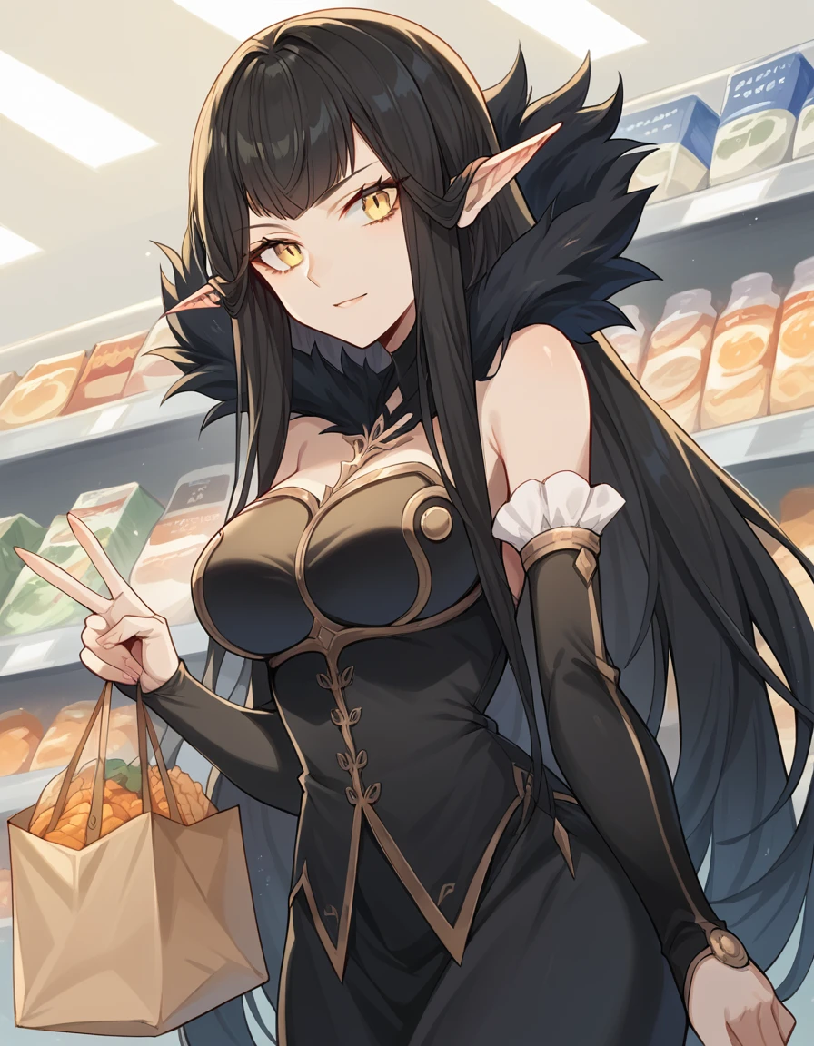 score_9, score_8_up, score_7_up, source_anime, <lora:fgo-semiramis-ponyxl-lora-nochekaiser:1>, semiramis, black hair, blunt bangs, long hair, pointy ears, sidelocks, yellow eyes, large breasts,, bare shoulders, detached sleeves, dress, fur trim, sleeves past wrists, spikes,, grocery store, cashier, shopping bag, scanning items, small talk, everyday routine, , , hand making a peace sign, solo,, cowboy shot, dutch angle