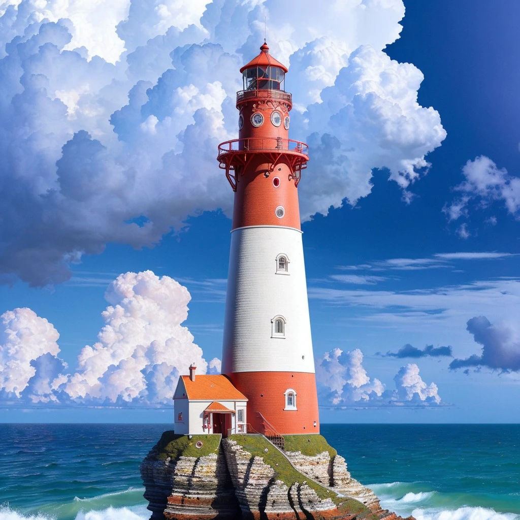 masterpiece, full scale wide photo, intricate photo, precisely detailed lighthouse with red-white ring-sections in the ocean on a rock, photo realistic, hyper realistic, highly detailed, sharp focus, high resolution, best quality, colorful, friendly colors, cozy outdoor lighting, 8K