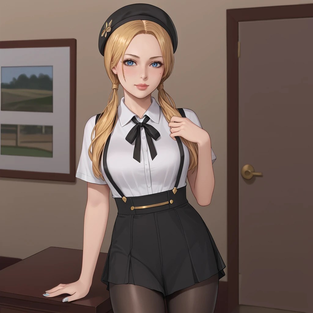 <lora:katherinewarrenre2r_pony_v1:.8>  KatherineWarren, 1girl, solo, blonde hair,twintails, long hair, blue eyes, nail polish, jewelry, cowboy shot, <lora:0902 Home wear 5_v1_pony:1> ruanyi0902,beret,black ribbon,collared shirt,black pantyhose,high-waist skirt,white shirt,suspenders