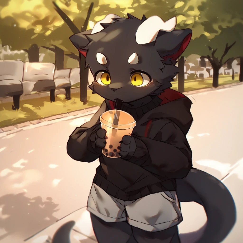 score_9_up, score_8_up, score_7_up, source_furry, mikus-ka_kuwu, black dragon, black body, white horns, yellow eyes, park, holding, bubble tea, black sweater, gray shorts, 1boy, solo