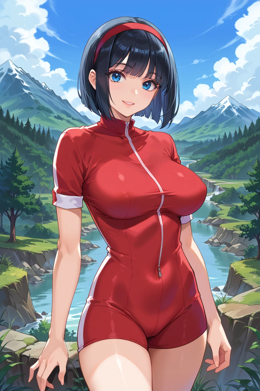 score_9, score_8_up, score_7_up, source_anime, BREAK, <lora:Short JumpsuitPony:0.6>, (short jumpsuit), bob cut, outdoors, mountain, nature, blue eyes, black hair, large breasts, smile, lips, cowboy shot, hairband