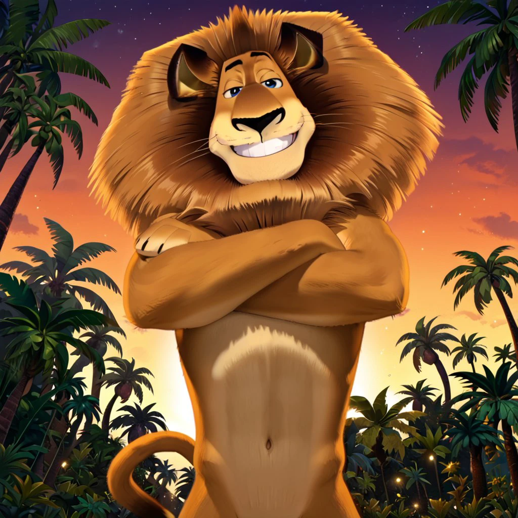 <lora:Alex_the_Lion_Madagascar_-_Pony_XL:1> score_6_up, score_7_up, ((masterpiece)), Alex, lion, solo, 1boy, from below, low angle, standing, looking at viewer, bedroom eyes, smile, lion tail, blue eyes, smirk, toon \(style\), crossed arms, jungle, palm trees, sunset, lights, light particles, sunbeam,