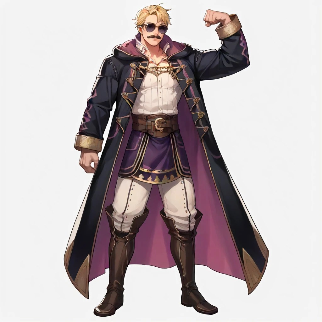 solo, simple background.  <lora:Clothing FE A Tactician Outfit :1> f3atact1c1an, long sleeves, long coat,   full body, 1boy, long blonde hair, sunglasses, moustache, flexing, score_9, score_8_up, score_7_up, score_6_up, score_5_up, score_4_up, masterpiece, detailxl. BREAK