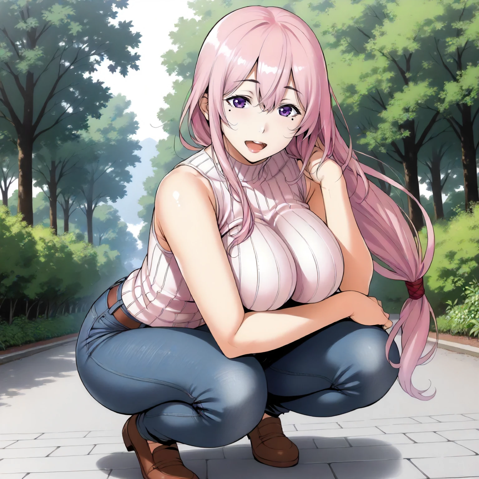 <lora:ToY_AkoNijyouXLpony001>,
outdoors,nature,
smile,open mouth,
solo,
AkoNijyou,1girl,pink hair,long hair,purple eyes,
one mole under eye,
low-tied long hair,
large breasts,
wide hips,
ribbed sweater,sleeveless,
jeans pants,
squatting,