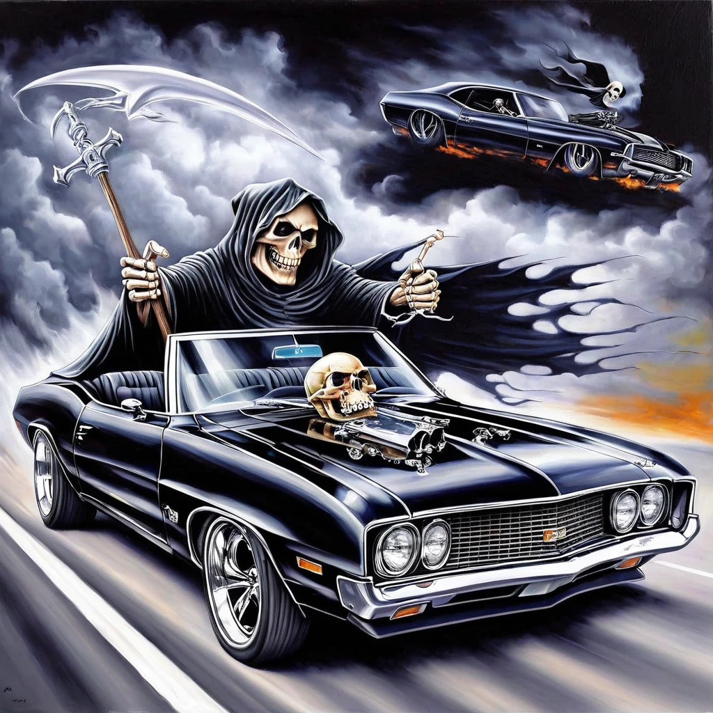 painting 11skull11, grim reaper, driving  muscle car