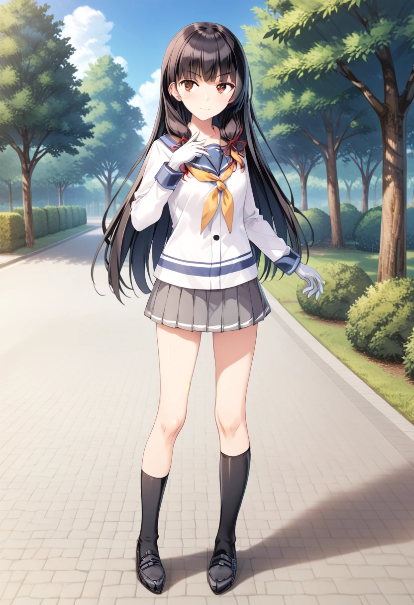 standing, park, full body, standing,     <lora:KC_01DD_isokaze_pony-000032:1> isokazekc, black_hair, long hair, bangs, sidelocks, tress ribbon, red ribbon, red eyes,              isokazedefkc, serafuku, white shirt, blue sailor collar, neckerchief, long sleeves, white gloves, grey skirt, pleated skirt, miniskirt, single thighhigh, black socks, score_9,score_8_up, score_7_up, source_anime, masterpiece, best quality,  official art, official style, game cg, megami magazine, rating_safe, rating_questionable, NEGATIVE_HANDS,  <lora:DetailedPerfect_hands_r1:1>