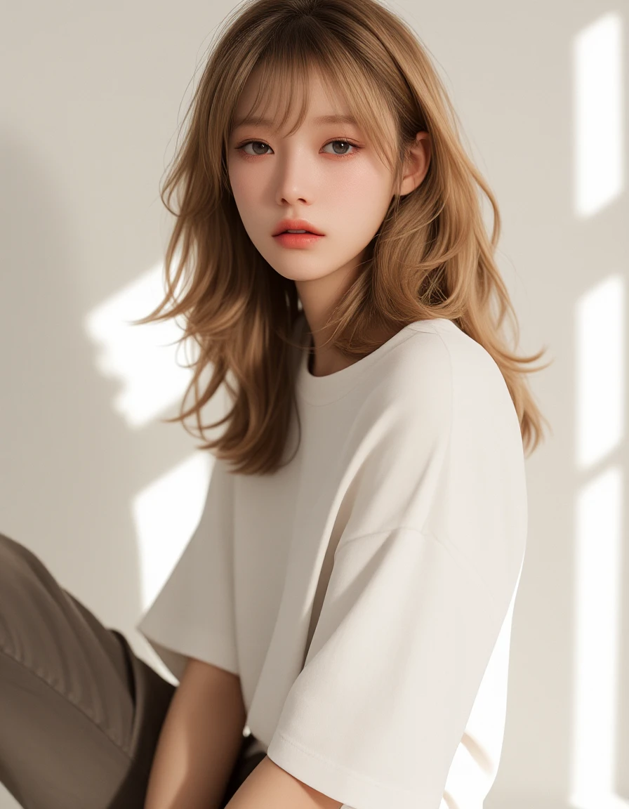 Asian women's fashion magazine photo shoot. She has short bangs in a dog-nose style, long hair in wool curls, her hair color is beige brown, and she wears casual clothes and pants. The Asian woman is posing for the camera. She had no makeup on her face and had freckles on her face. Her complexion is very delicate. The photos were taken with a Leica camera and are in full color. Image, white indoor sunlight, <lora:flux-D-3DNiji:1> niji