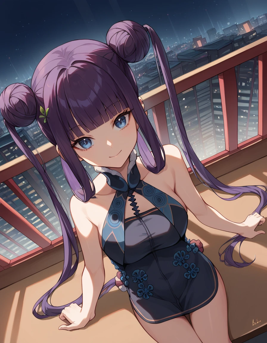 score_9, score_8_up, score_7_up, source_anime, <lora:fgo-yang-guifei-ponyxl-lora-nochekaiser:1>, yang guifei, blue eyes, blunt bangs, long hair, purple hair, medium breasts,, bare shoulders, black dress, black footwear, china dress, chinese clothes, double bun, dress, short dress, twintails, hair ornament, hair bun, leaf hair ornament, twintails,, city skyline, rooftop view, night time, city lights, quiet reflection, smile, looking at viewer, arm resting on table, solo,, cowboy shot, dutch angle