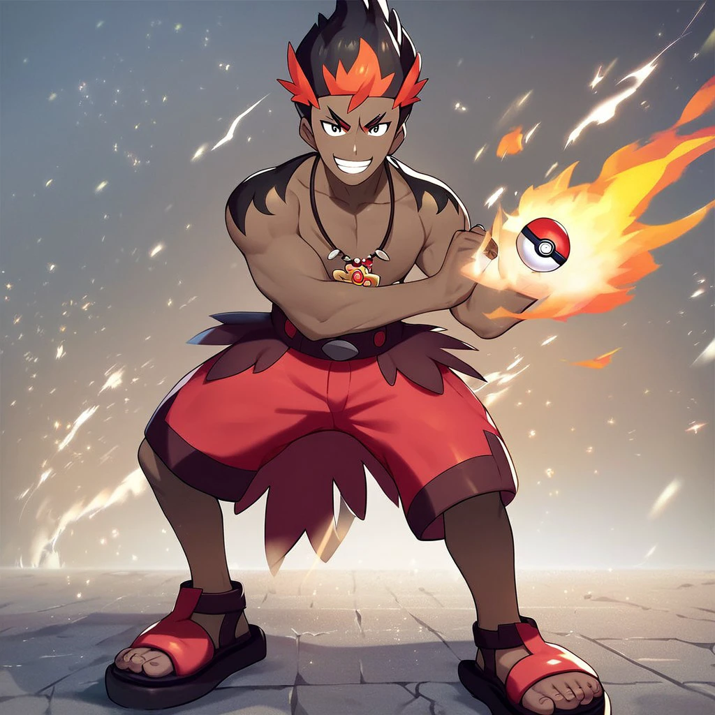 (masterpiece), score_9, score_8_up, score_7_up, score_6_up, score_5_up, score_4_up, 1boy, solo, Kiawe, multicolored hair, black eyes, dark skin, necklace, shoulder tattoos, red shorts, sandals, holding pokeball, smile, clenched fist, flare background,