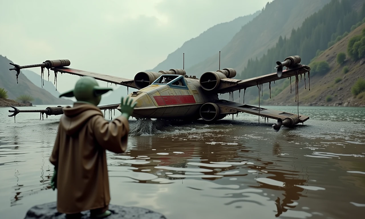 <lora:x-wing:1>, <lora:star wars style v2:1> star wars style,a photo of an abandoned  full-size wet and muddy x-wing buried in the lake,water dripping over it´s wings,yoda in foreground is facing the x-wing holding one hand up,cinematic,vivid colors