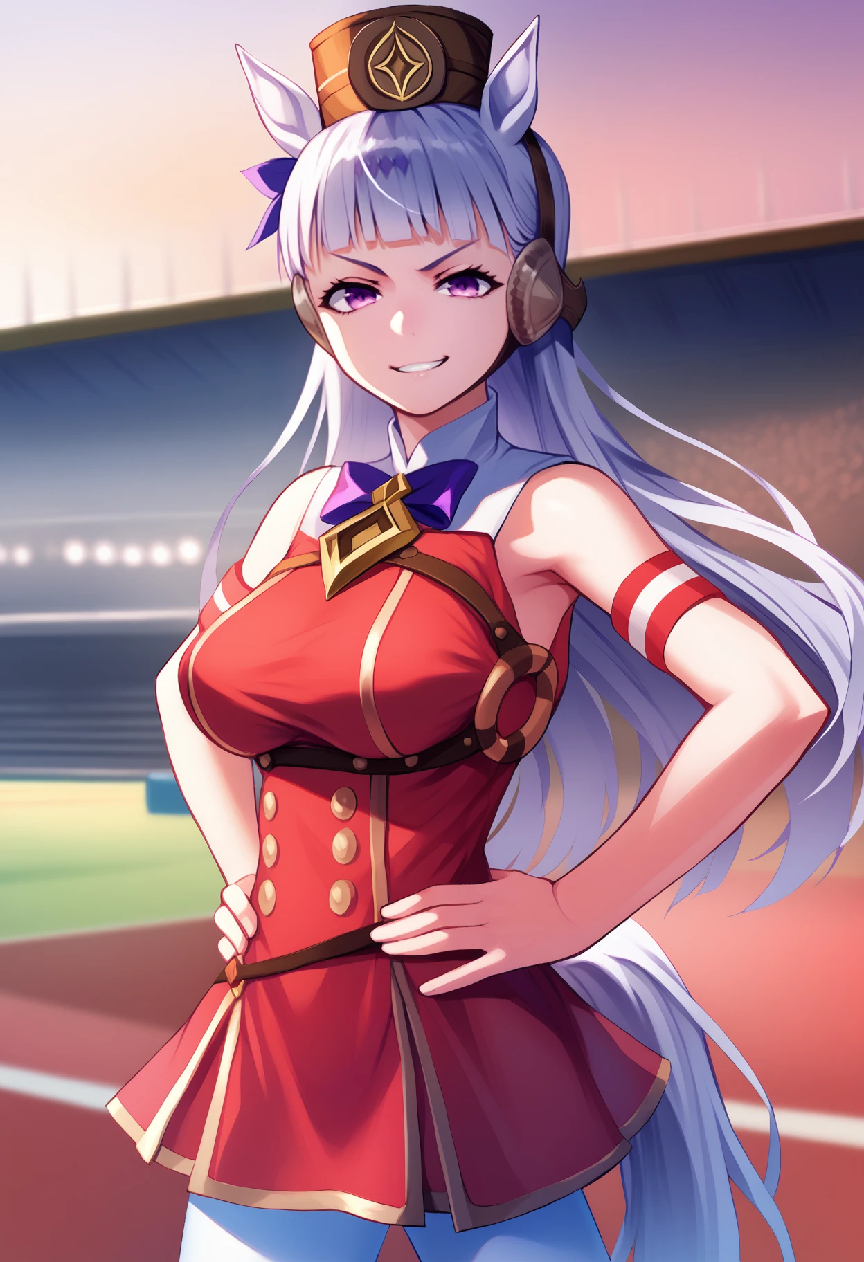 score_9, score_7_up, <break> solo, 1girl, umpdgoldship, horse tail, smirk, looking at you, standing, hands on own hips, pillbox hat, red dress, bow, sleeveless, white pantyhose, large breasts, outdoors, racetrack
 <segment:yolo-face_yolov8m.pt,0.4,0.5//cid=1>