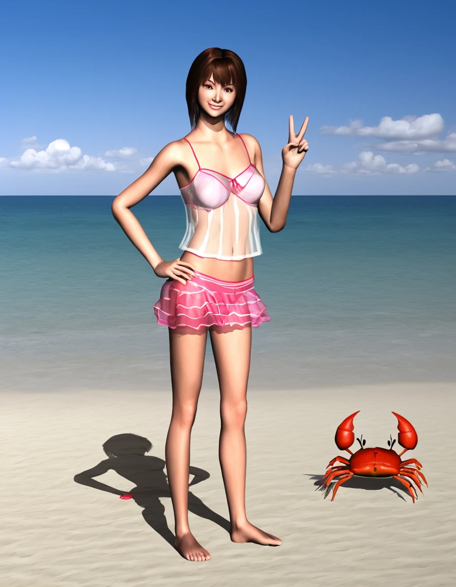 <lora:2000cg-batlab-000003:1>
1girl, v, solo, beach, day, outdoors, skirt, crab, shadow, ocean, sand, sky, brown hair, short hair, water, camisole, see-through, cloud, looking at viewer, smile, hand on own hip, swimsuit, bikini, realistic