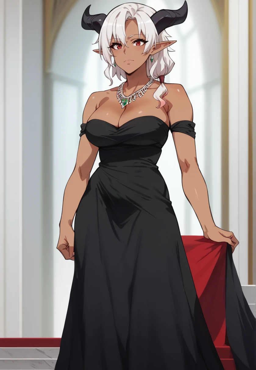 <lora:HeineOfTheFlameNSLT:1> HeineOTF, HeineDress, black horns, white hair, dark-skinned female, red eyes, pointy ears, large breasts, <lora:sjoffshouldersdressNSLT:1> sjbotsd, bare shoulders, cleavage, black dress, jewelry, necklace, strapless dress, long dress, 16k, masterpiece, absurdes, highly detailed, highres, high quality, best quality, score_9, score_8_up, score_7_up, score_6_up, shiny, shiny skin, shiny hair