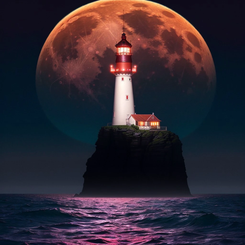 masterpiece, full scale wide photo, intricate photo, precisely detailed lighthouse with red-white colored ring-sections in the ocean on a rock by dark night, mfull moon is shining, hazy fog on the water surface, blue neon backlight at the horizon mirroring in the ocean, photo realistic, hyper realistic, highly detailed, sharp focus, high resolution, best quality, colorful, friendly colors, cozy outdoor lighting, 8K