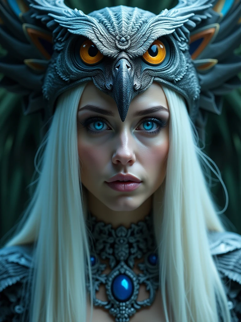 cinematic photo  <lora:SorceressofCastleGrayskullQuironFLUX-000001:0.77> SorceressofCastleGrayskullQuiron, a realistic  photography of      a woman with white hair and blue eyes wearing an owl headdress,  . 35mm photograph, film, bokeh, professional, 4k, highly detailed