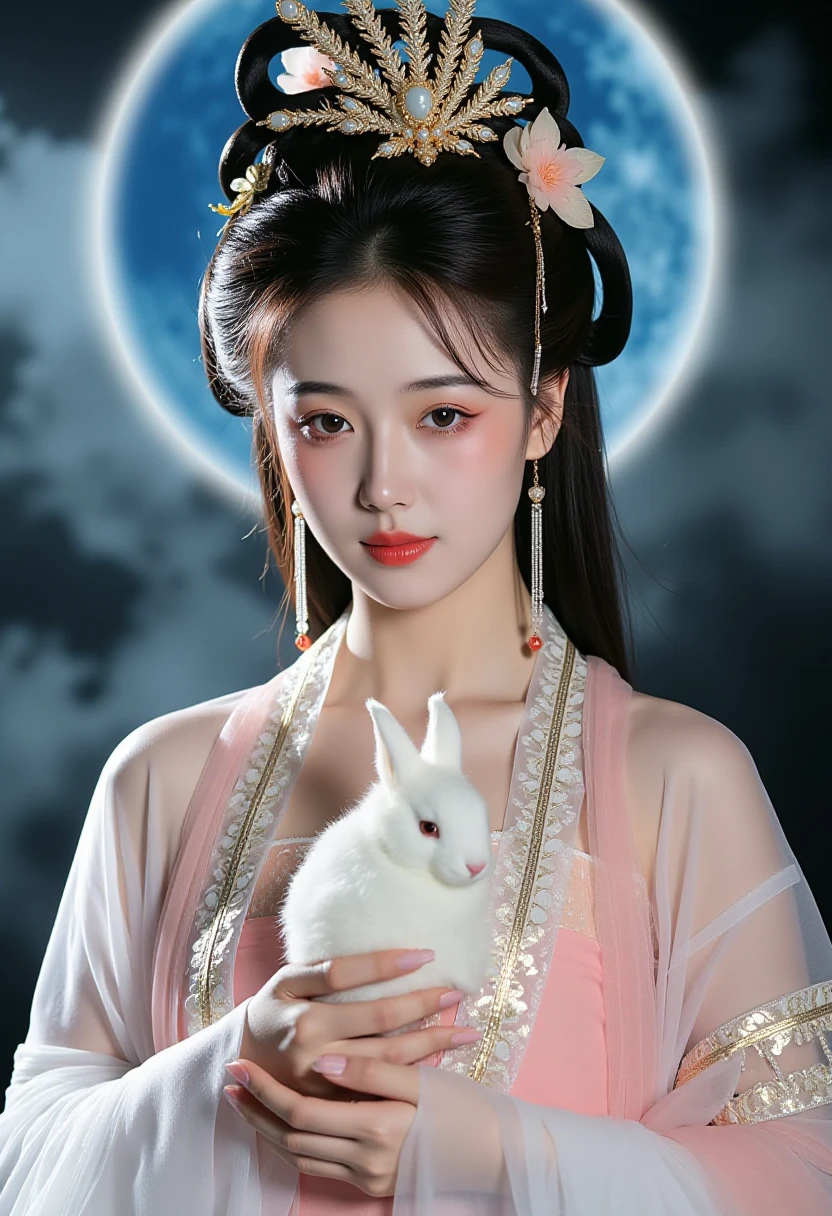 changexianzi,upper body,upper body,changexianzi, This image is a high-resolution photograph featuring a young Asian woman with fair skin and delicate features. She is dressed in traditional Hanfu attire, characterized by a sheer, white robe adorned with intricate embroidery in shades of pink and gold. The robe drapes elegantly over her shoulders, and a matching pink undergarment is visible beneath. Her hair is styled in an elaborate updo, adorned with ornate hairpins and flowers, adding a regal touch.In her hands, she cradles a small, white rabbit, which is soft and fluffy, with a delicate pink nose. The rabbit is positioned close to her chest, adding a tender, almost ethereal quality to the image. The background features a large, vivid blue moon, creating a dreamy, celestial atmosphere. The moon is surrounded by wispy, ethereal clouds, adding depth and texture to the scene. The overall color palette is soft and serene, with pastel hues dominating the woman's attire and the rabbit's fur, contrasting sharply with the deep blue of the moon and the blackness of the night sky. The composition is balanced and harmonious, with the woman and the rabbit at the center, surrounded by the ethereal elements of the background.