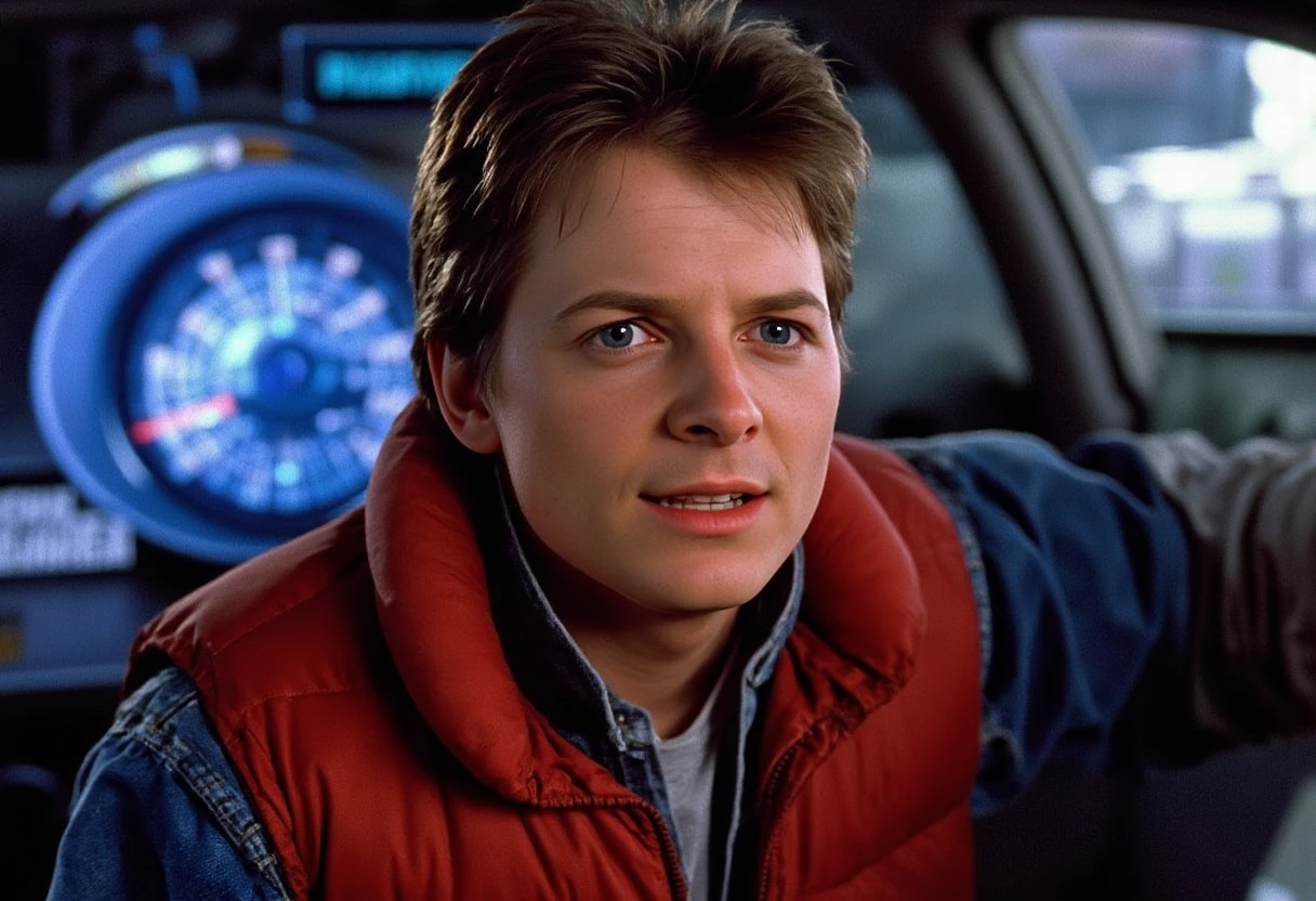 MRTY, Create a close-up portrait of Marty McFly from Back to the Future. Hyper-realistic digital art style, inspired by the cinematography of Dean Cundey. Focus on Marty's face and upper body, capturing his youthful features and signature 80s look. He wears his iconic outfit: red vest over a denim jacket, with a hint of his white t-shirt visible. Include his tousled brown hair and expressive eyes showing a mix of excitement and determination. Lighting: Use dramatic side lighting with a blue tint, reminiscent of the time travel effects, contrasting with warm skin tones. Background: Blurred DeLorean dashboard with glowing instruments, suggesting he's inside the time machine. Add subtle reflections of blue electrical arcs in his eyes. Sharp focus on facial details, especially the eyes and slight smile. Color palette: Cool blues and warm oranges, with pops of red from his vest. Exclude: Any other characters or full view of the DeLorean.