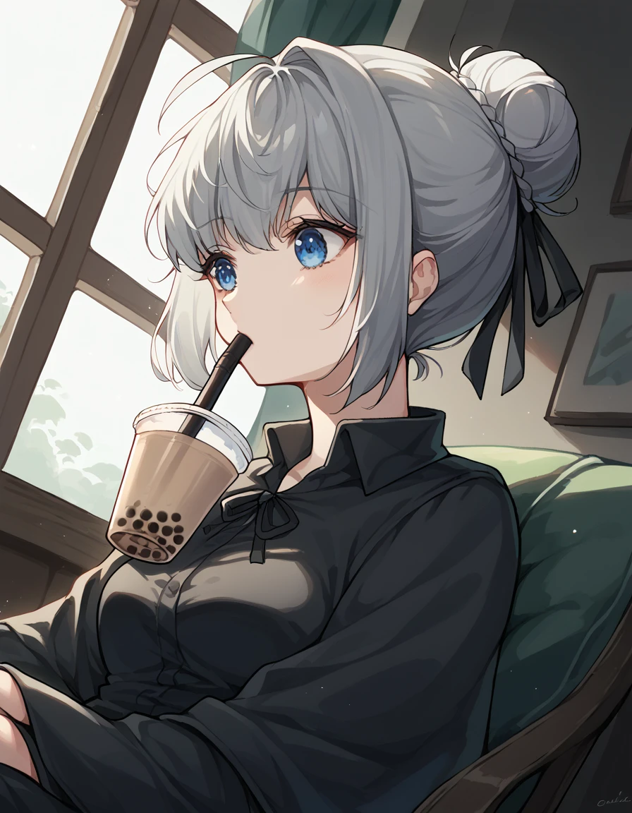 score_9, score_8_up, score_7_up, source_anime, <lora:fgo-gray-ponyxl-lora-nochekaiser:1>, gray, blue eyes, short hair, grey hair, ahoge, medium breasts, hair bun, hair ribbon, ribbon,, <lora:bubble-tea-challenge-ponyxl-lora-nochekaiser:1>, bubble tea challenge, bubble tea, object on breast, drinking straw, drinking straw in mouth, drinking, cup,, indoors, sitting, looking down, , cowboy shot, dutch angle