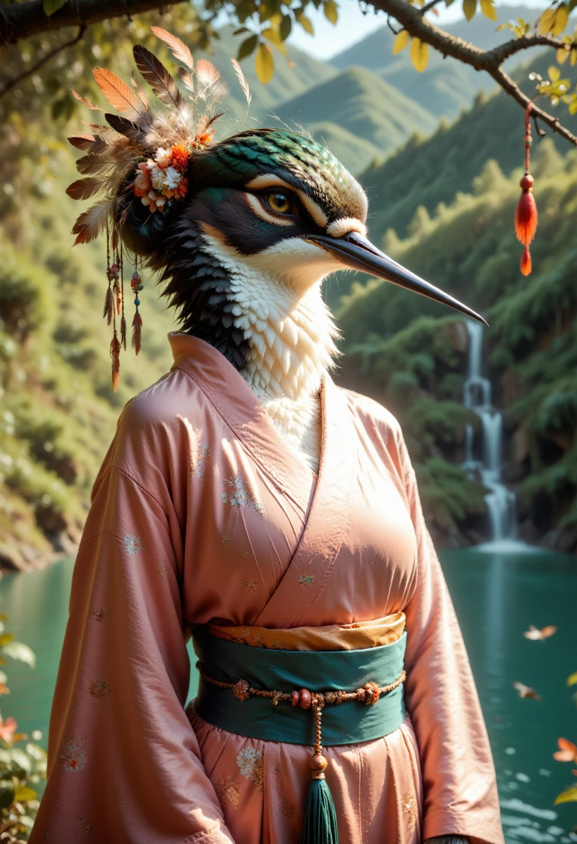 The image is a highly detailed, realistic digital artwork featuring an anthropomorphic bird, specifically a kingfisher, wearing traditional Japanese attire. The bird, with its vibrant blue-green plumage, has an elongated beak and piercing, expressive eyes. The kingfisher is dressed in a flowing, light pink kimono adorned with intricate, delicate patterns and a wide, teal sash tied at the waist. The bird's plumage blends seamlessly into the fabric, creating a striking, surreal image.
The kimono's sleeves are slightly puffed, and it's cinched at the waist, giving a sense of elegance and grace. The bird's head is adorned with an ornate headdress featuring feathers in warm, earthy tones of brown, orange, and gold, adding a touch of fantasy to the scene. <lora:KFT_Feathery_Enhancer_Flux_1.D:0.9>