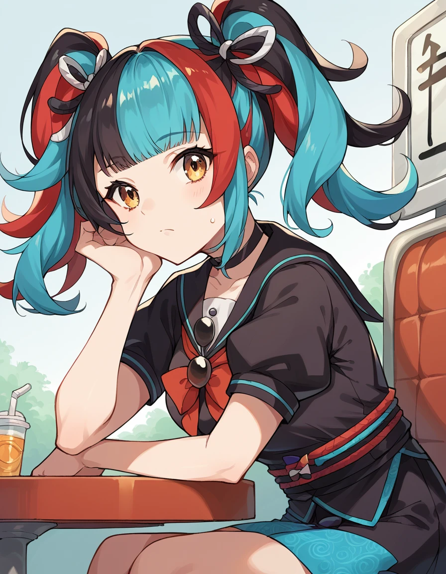 score_9, score_8_up, score_7_up, source_anime, <lora:fgo-sei-shounagon-ponyxl-lora-nochekaiser:1>, sei shounagon, aqua hair, black hair, blunt bangs, multicolored hair, red hair, twintails, brown eyes, medium breasts,, black sailor collar, black shirt, black skirt, choker, pleated skirt, puffy sleeves, sailor collar, shirt, skirt, bow, red bow,, bus stop, waiting, commuter, smartphone, checking time, cold morning, , , sitting, head rest, table,, solo,, cowboy shot, dutch angle