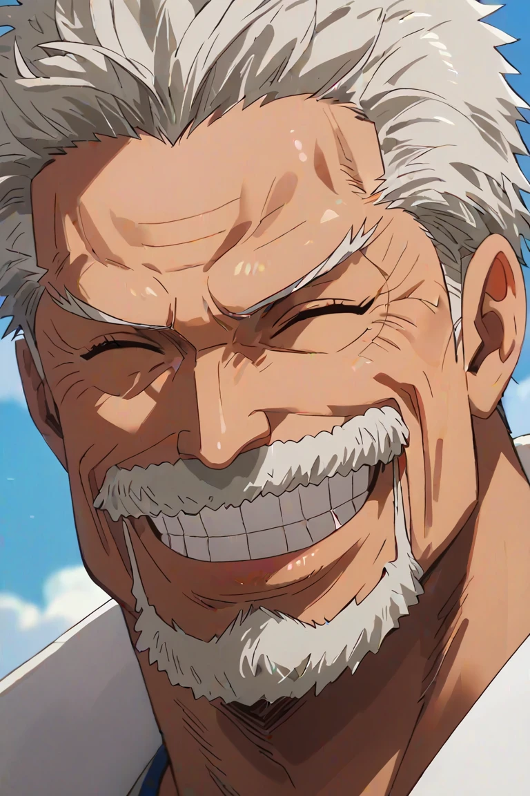 score_9, score_8_up, score_7_up, source_anime, rating_safe, male focus, GarpOP, white_Garp_old facial hair, grey_Garp_short hair, closed eyes, wide smile, teeth, 1boy, anime screencap, cute wallpaper