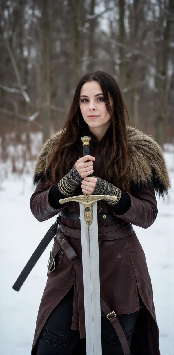 Jennifer Haben  has long  hair. Her hair are braided. She is a viking warrior and wears a light armor made of leather and bronze. she is holding a big sword with exquisit details in the snow in a forest. Ready to fight <lora:Jennifer_Haben:0.9>