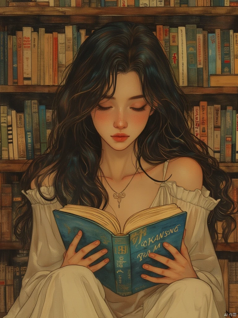 OBxiantiao,The woman is wearing a white dress and has long dark hair. The book she is reading is blue with white writing on it. Behind her is a bookshelf filled with books.