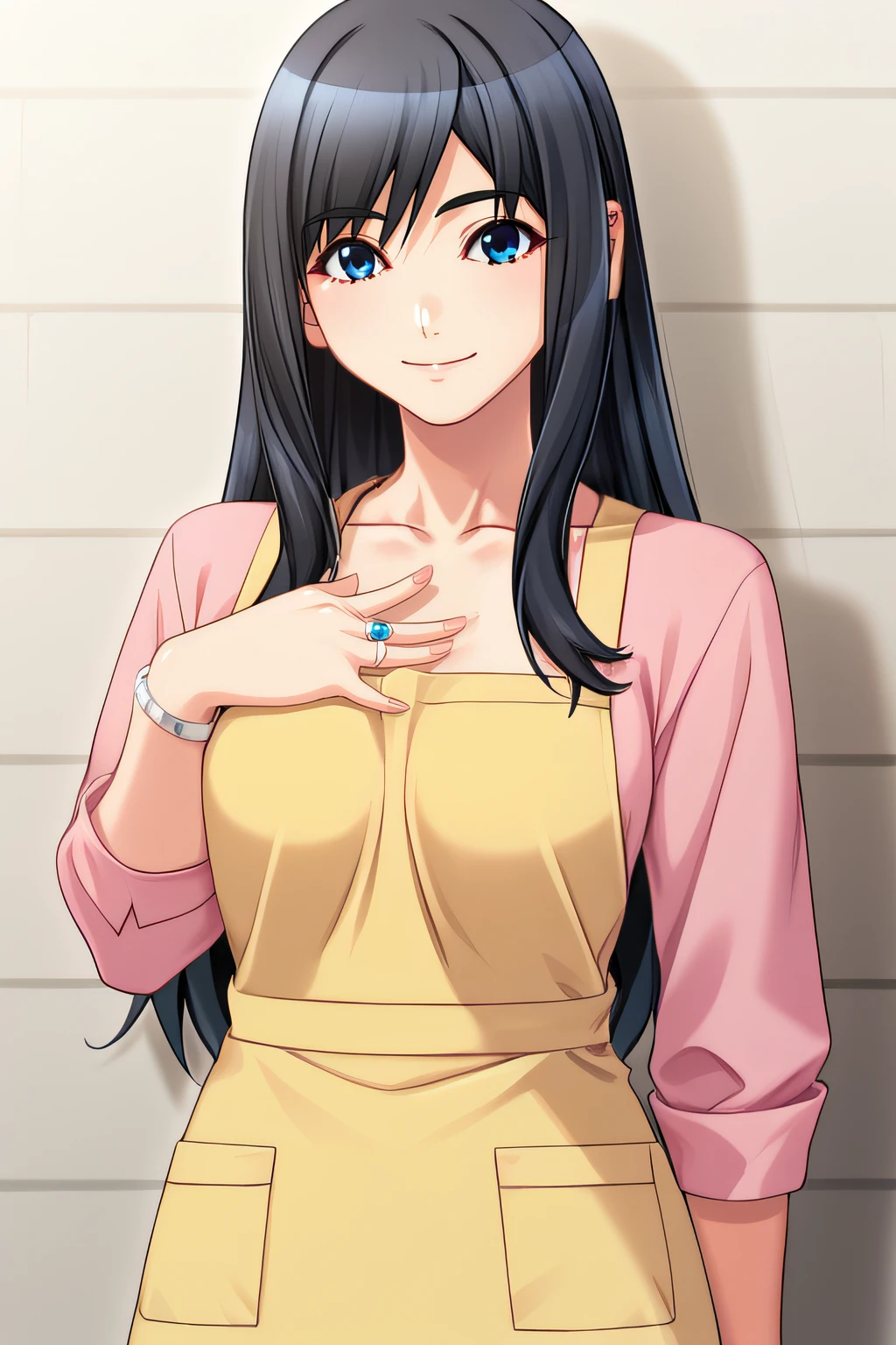 score_9, score_8_up, score_7_up, source_anime, rating_safe, intricate details, 1girl, <lora:Nanami_Honda:1>, honda, black hair, long hair, blue eyes, jewlery, ring, bracelet, pink shirt, rolled-up sleeves, long sleeves, yellow apron, collarbone, looking at viewer, cowboy shot, smile, hand on chest, indoor, five fingers