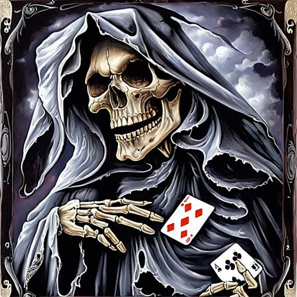 painting 11skull11, grim reaper, cowboy, deck of cards