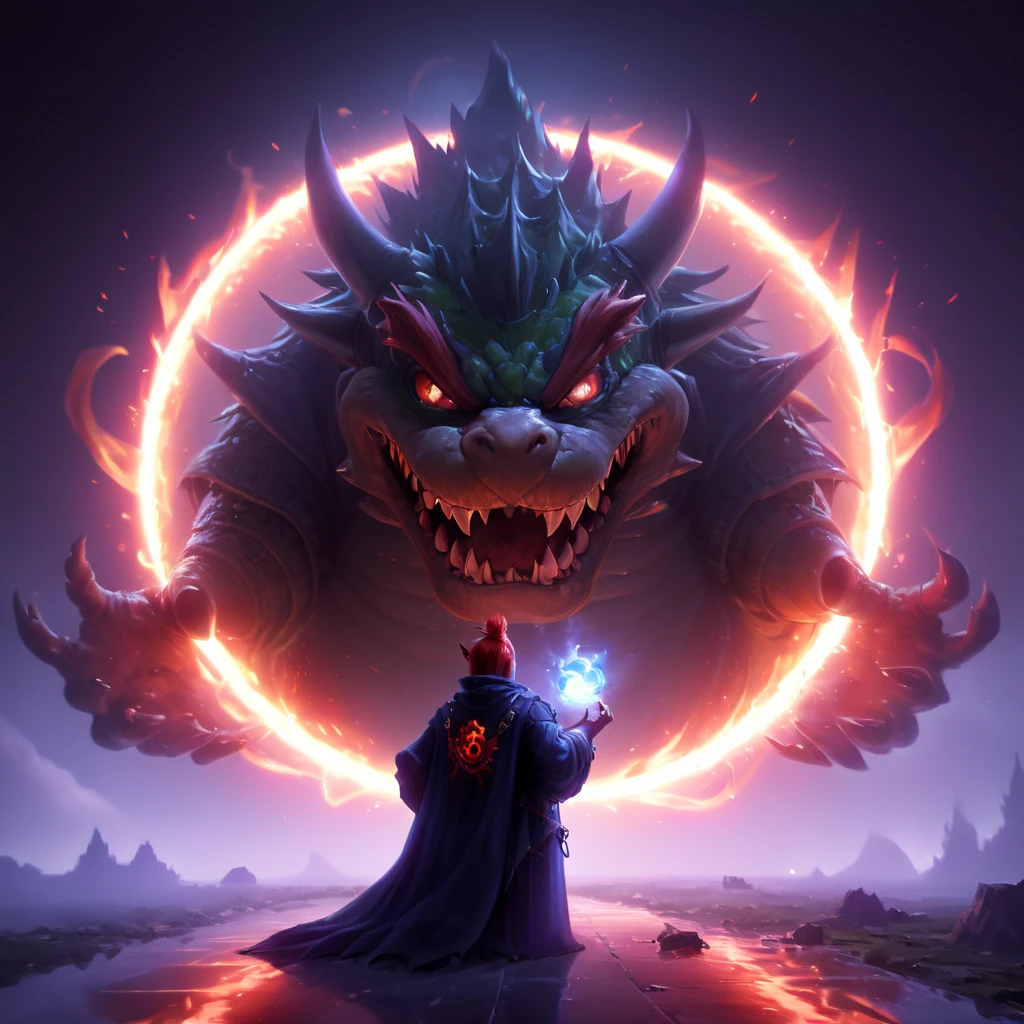 Cinematic shot of evil wizard summoning a giant Bowser from a (big red glowing portal:1.2), the giant Bowser is slowly appearing from the portal and enering our world, summoning portal, castle in background in background, masterpiece, best quality, highly detailed, sharp focus, dynamic lighting