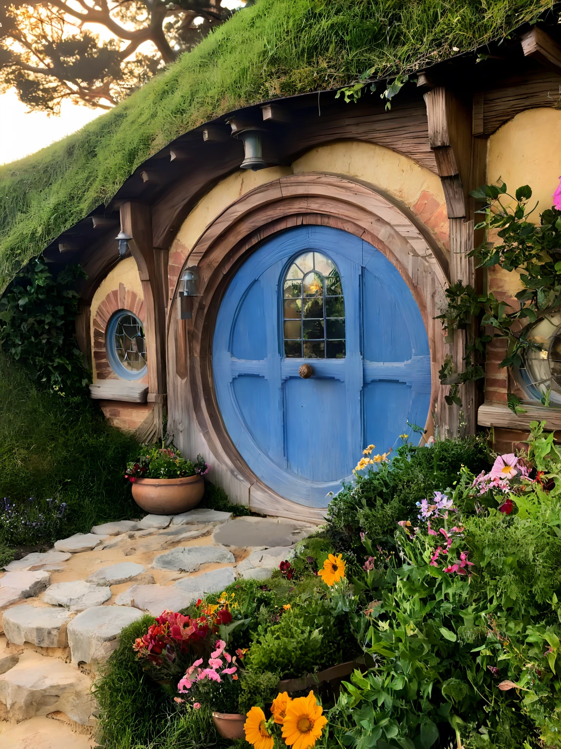 <lora:JJsHobbitHouse_XL:1>, ((Hobbit House)),  masterpiece, best quality, building,  (outdoors), plant, scenery, ((sky)),  center composition,  bush, day, grass, no humans, road,  door, window, golden hour, flower,