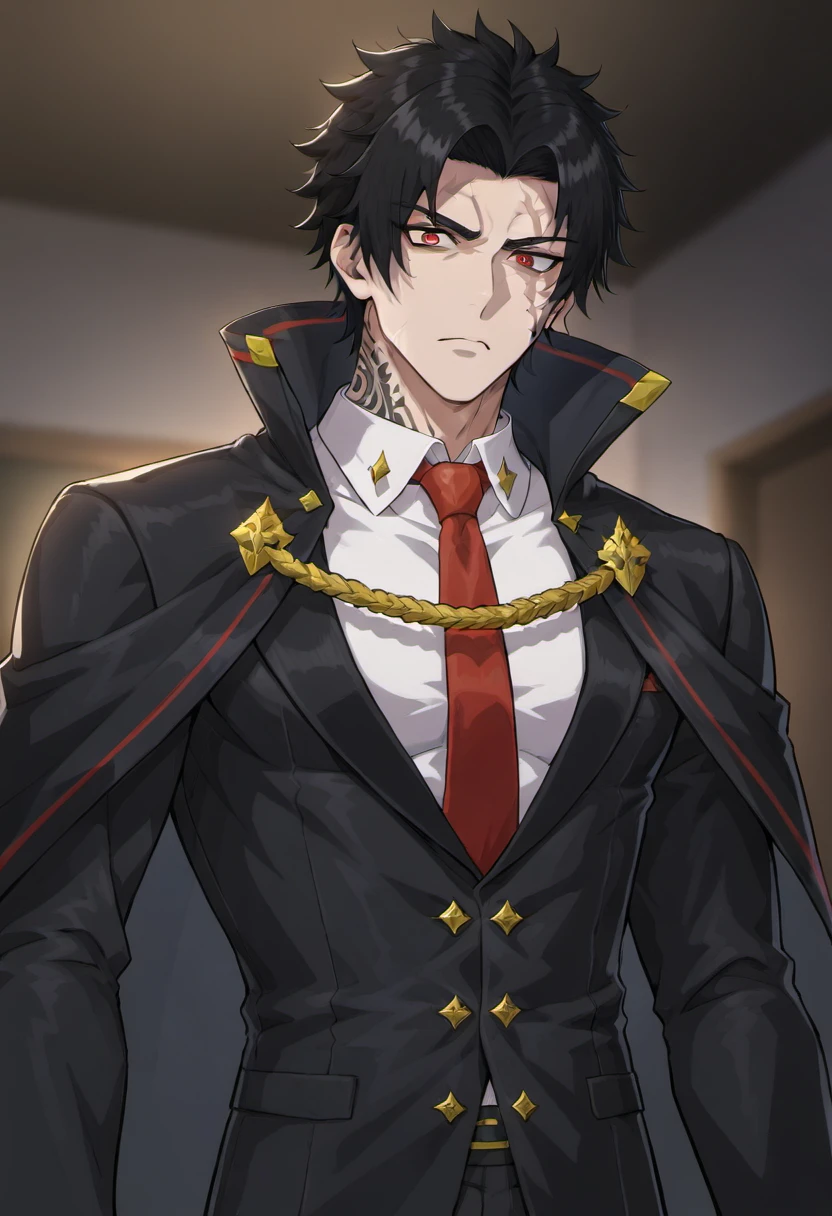 1boy, male focus, <lora:detailed_notrigger:0.8>, <lora:RViolet:0.8>, RViolet, black hair, middle parted hair, red eyes, tattoos, scars, (black suit:1.1), red necktie, white undershirt, high collar cape, unamused expression, manly, muscular, masculine, looking at viewer, indoors, sfw, best quality, amazing quality, best aesthetic, absurdres, year 2023