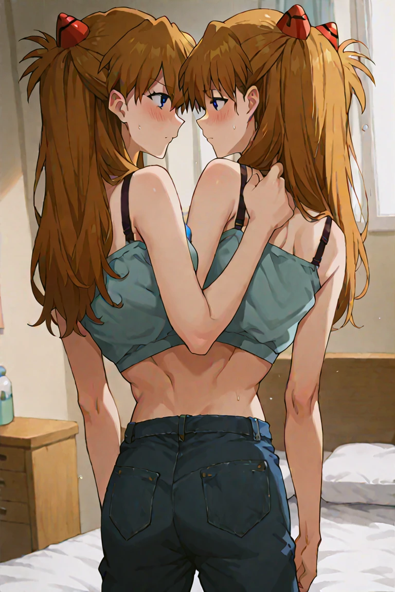 score_9, score_8_up, score_7_up, source_anime,
asukalangley, <lora:asuka-langley-soryu-rebuild-ponyxl-lora-nochekaiser:1>,
asuka langley soryu, long hair, bangs, blue eyes, brown hair, hair ornament,
crop top, midriff, denim shorts, off shoulder, bra straps,
indoors, bed, bed room, blush, 
, dutch angle, upper body,
(two torsos:1.3),,, from behind, 2girls, leaning, arm around back <lora:conjoined_two_torsos_lora:1>, <lora:add_details_xl:0.5>