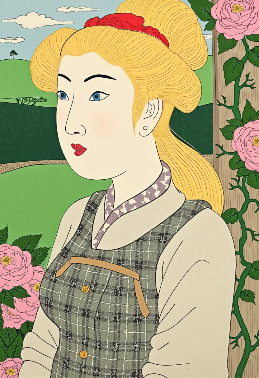 a portrait of a British woman with blonde hair in the Shunga art style, merging traditional British elegance with Japanese artistry. She has fair skin, soft blonde hair, and bright blue eyes, with a poised and confident expression. She is dressed in a classic British outfit, such as a tweed dress with subtle plaid patterns. The background includes rolling green hills, countryside flowers like roses, and ivy. The Shunga style, with its flowing lines, muted tones, and delicate detailing, enhances her refined beauty and adds a subtle sensuality to the portrait.