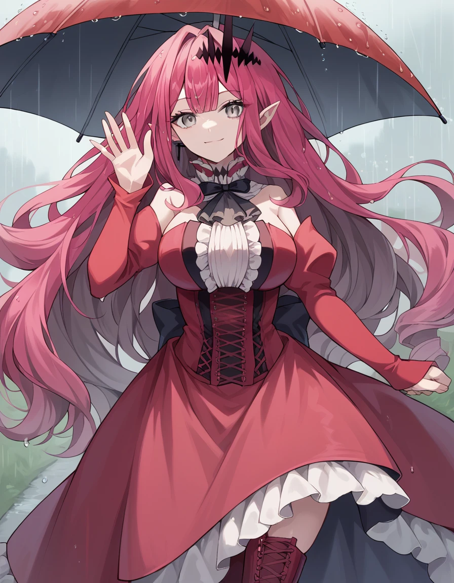 score_9, score_8_up, score_7_up, source_anime, <lora:fgo-baobhan-sith-ponyxl-lora-nochekaiser:1>, baobhan sith, grey eyes, long hair, pink hair, pointy ears, large breasts,, cross-laced clothes, cross-laced dress, cross-laced legwear, detached sleeves, dress, pink dress, frilled dress, frills, hair ornament, red ribbon, red sleeves, ribbon,, rainy day, umbrella, walking home, puddles, wet hair, smile, , hand waving, solo,, cowboy shot, dutch angle