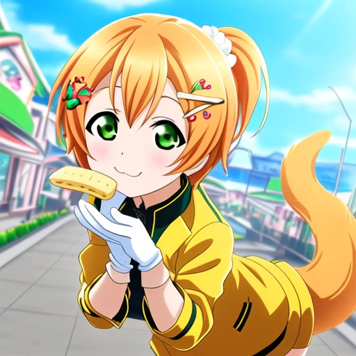 green eyes, looking at viewer, hair ornament, jacket, pov, multiple girls, gloves, ^ ^, tail, food