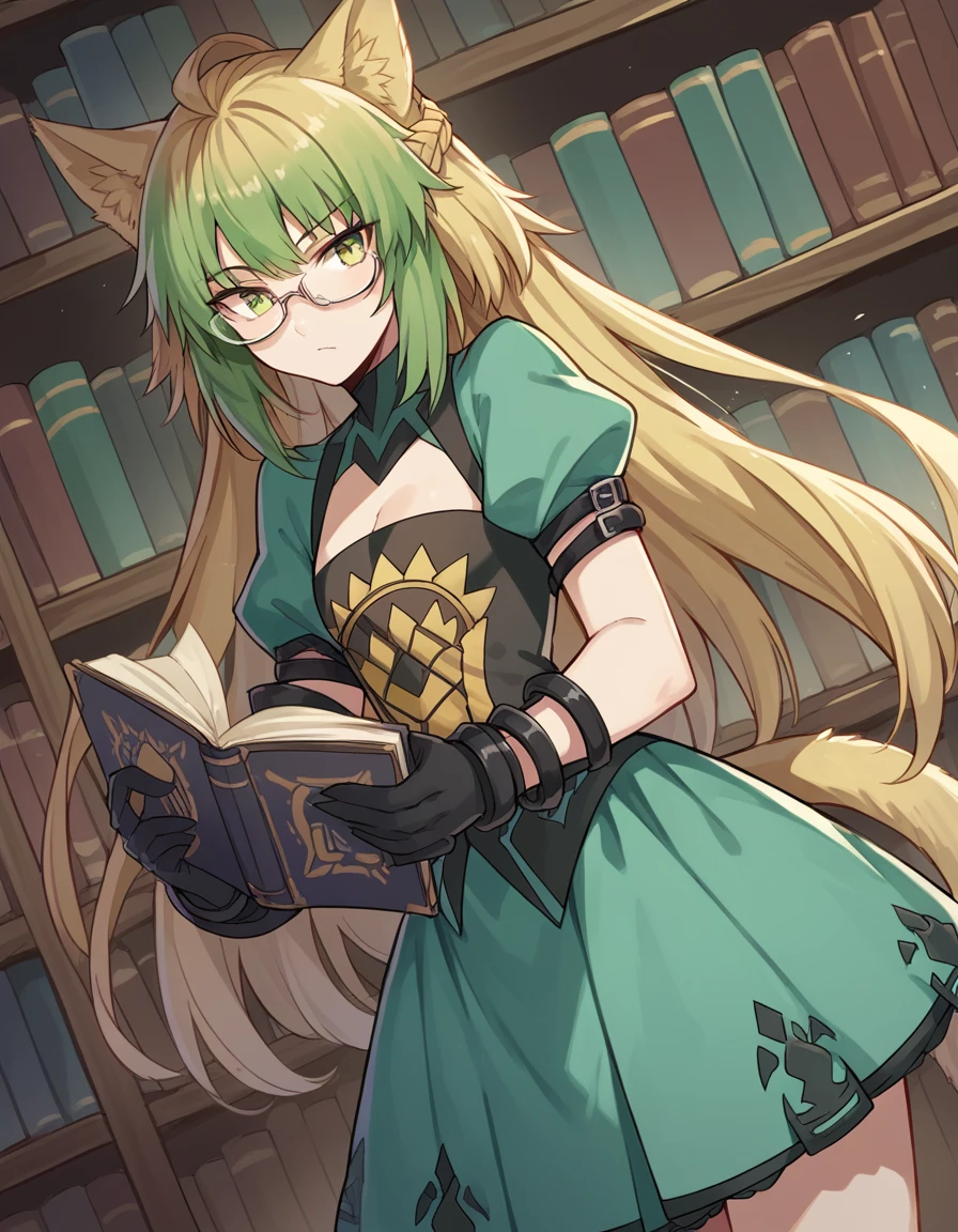 score_9, score_8_up, score_7_up, source_anime, <lora:fgo-atalanta-ponyxl-lora-nochekaiser:1>, atalanta, animal ears, blonde hair, cat ears, cat girl, cat tail, green eyes, green hair, hair between eyes, long hair, multicolored hair, tail,, black gloves, gloves, skirt, dress, green dress, short sleeves, puffy sleeves, juliet sleeves, short skirt, green skirt,, library, reading books, glasses, quiet, focused, shelves of books, , looking at viewer, arm bent at elbow, solo,, cowboy shot, dutch angle